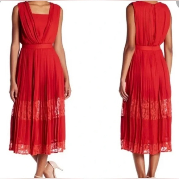 NWT Sugar + Lips red midi dress with lace on bottom size small - Picture 1 of 16